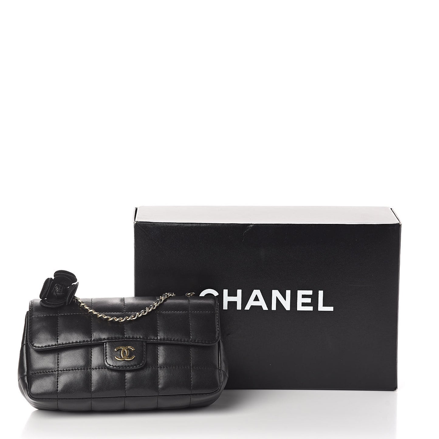 Lambskin Quilted Mini Chocolate Bar Camellia Flap Black