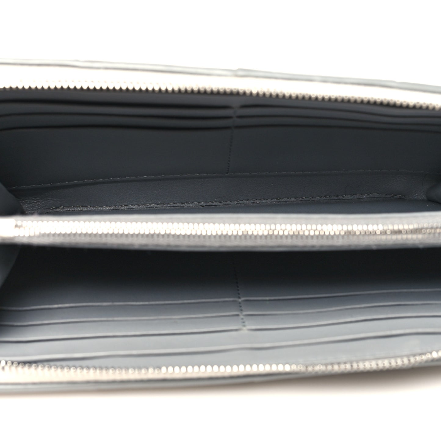 Metallic Patent Calfskin Maxi Intrecciato Zip Around Wallet Silver