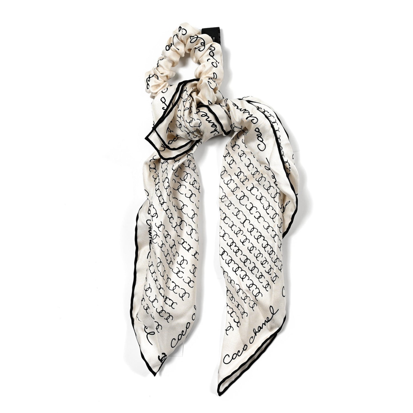 Silk Twill Square Scarf Hair Tie White Black