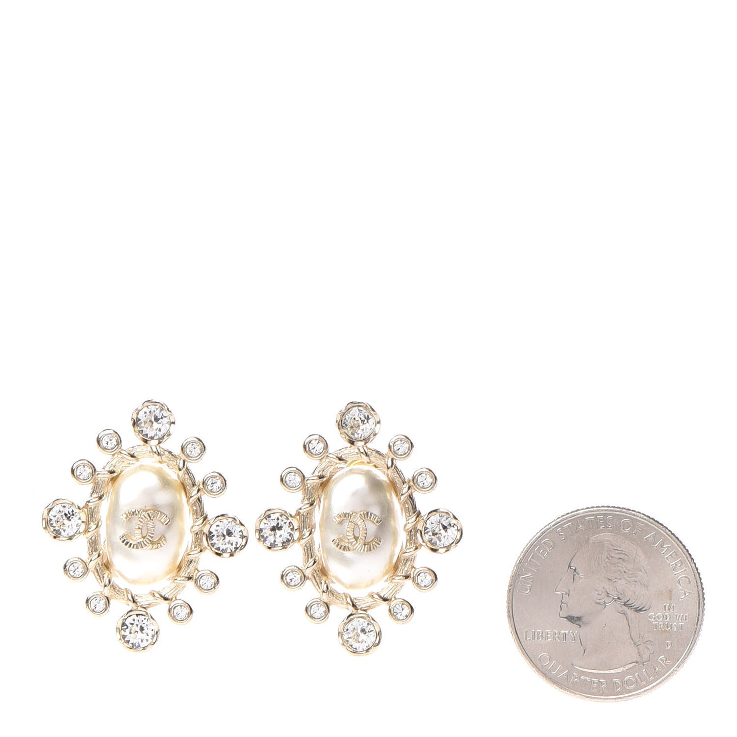 Crystal Pearl CC Round Earrings Gold