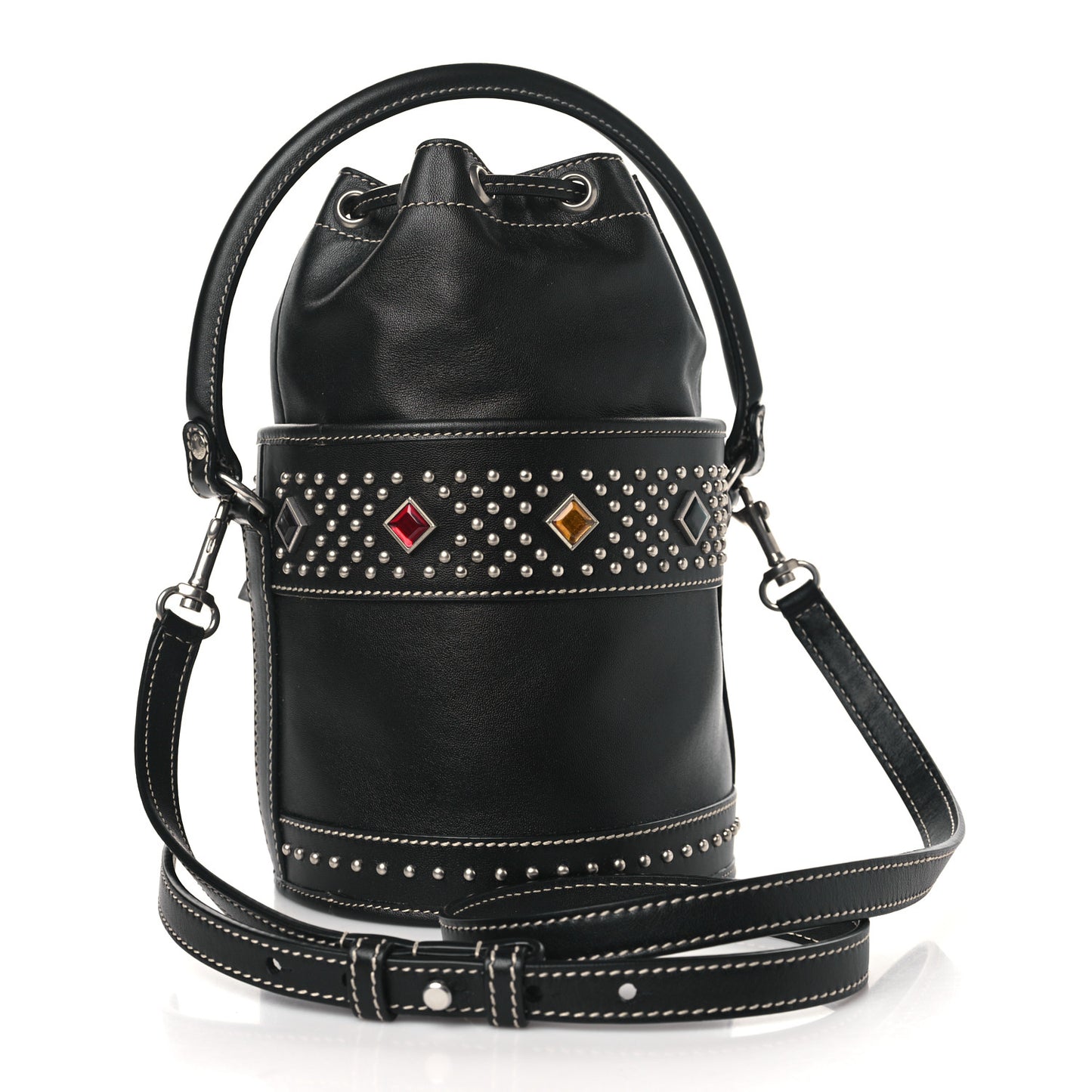 Smooth Calfskin Studded Small Bahia Drawstring Bucket Bag Black Multicolor