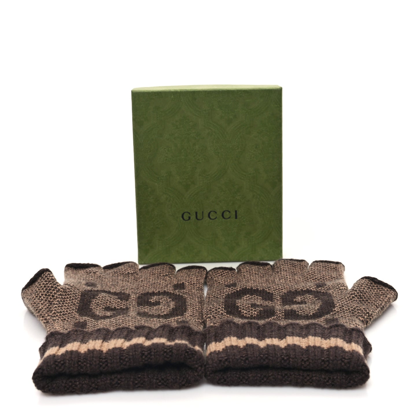 Cashmere GG Fingerless Gloves L Beige Dark Brown