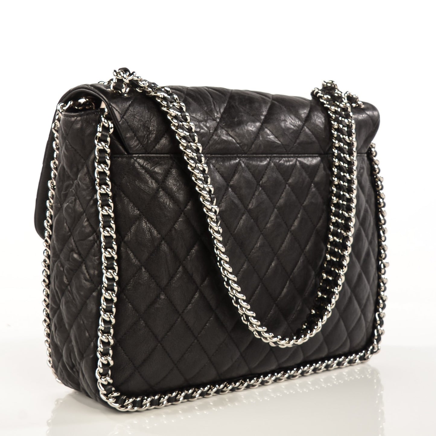 Crumpled Lambskin Chain Around Maxi Flap Bag Black