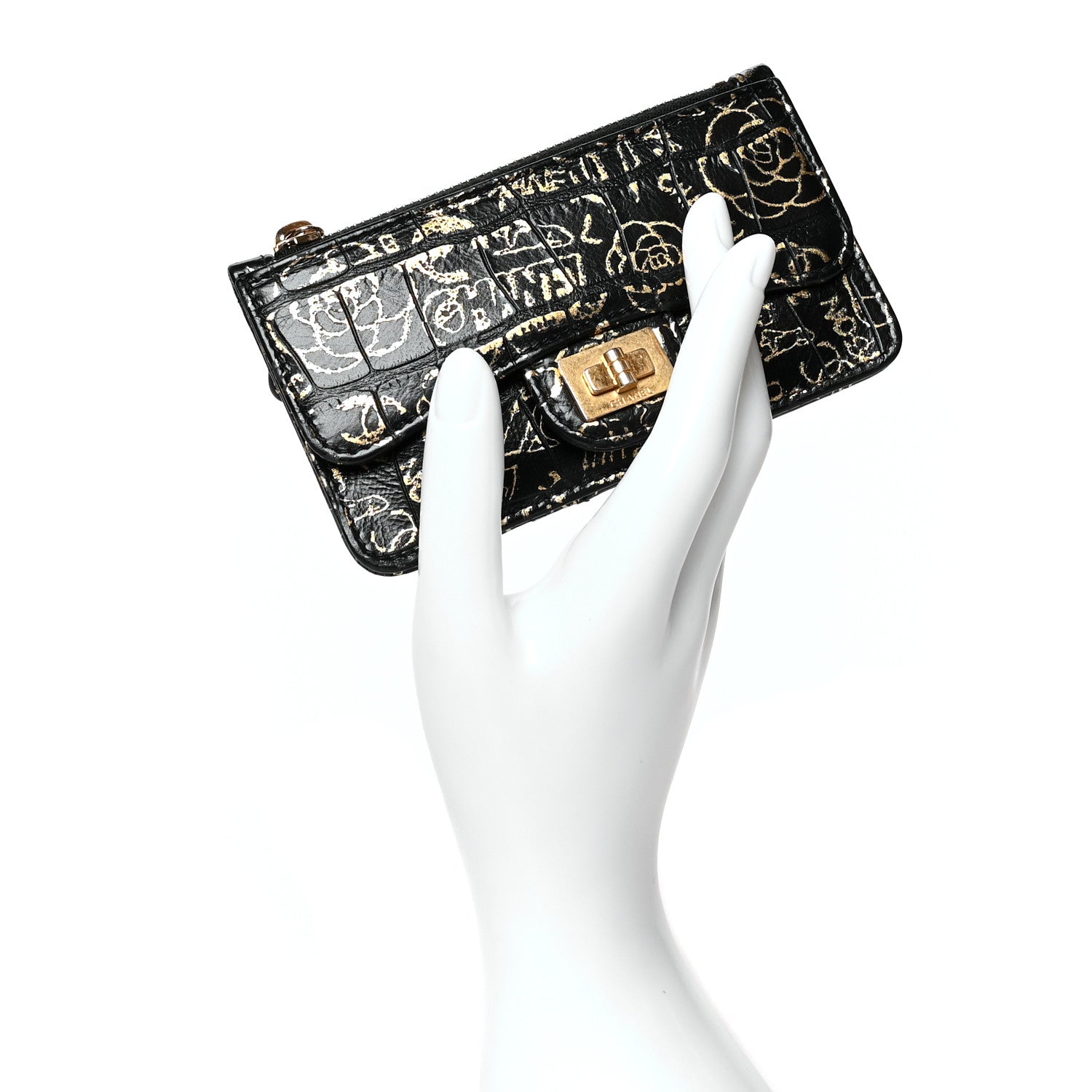 Chanel Calfskin Crocodile Embossed Graffiti Reissue Flap Zip Card Holder Black Gold 2 of 8