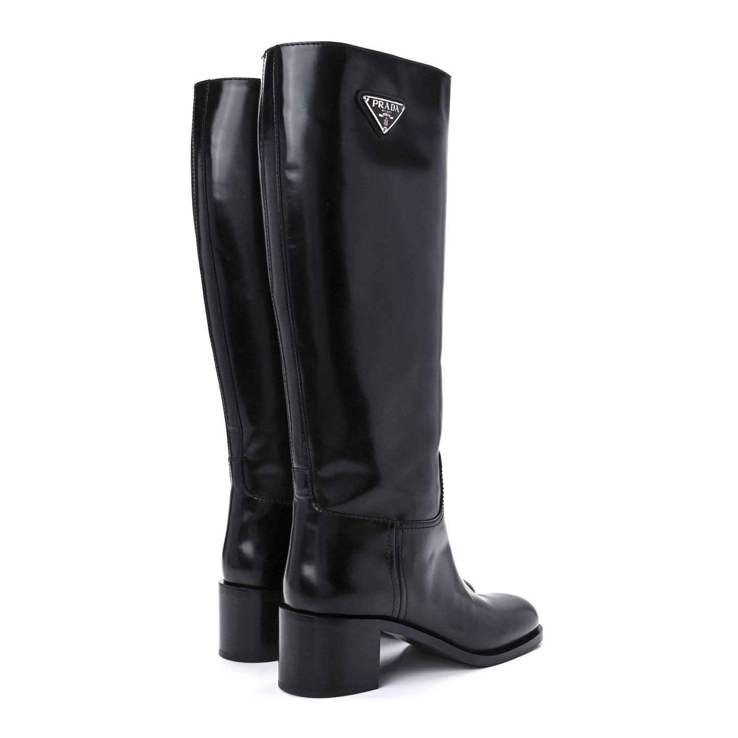 Brushed Calfskin Metal Triangle Logo Riding Boots 39 Black