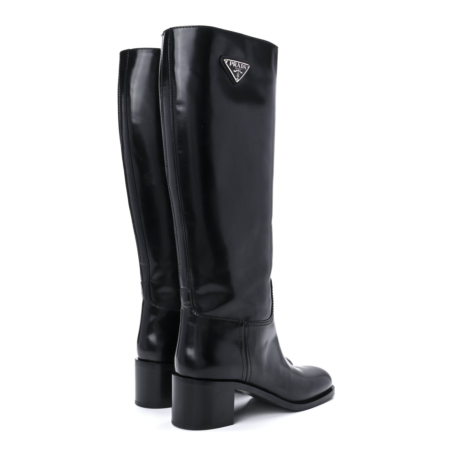 Prada Brushed Calfskin Metal Triangle Logo Riding Boots 39 Black 4 of 8