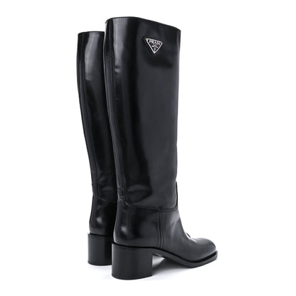 Prada Brushed Calfskin Metal Triangle Logo Riding Boots 39 Black 4 of 8