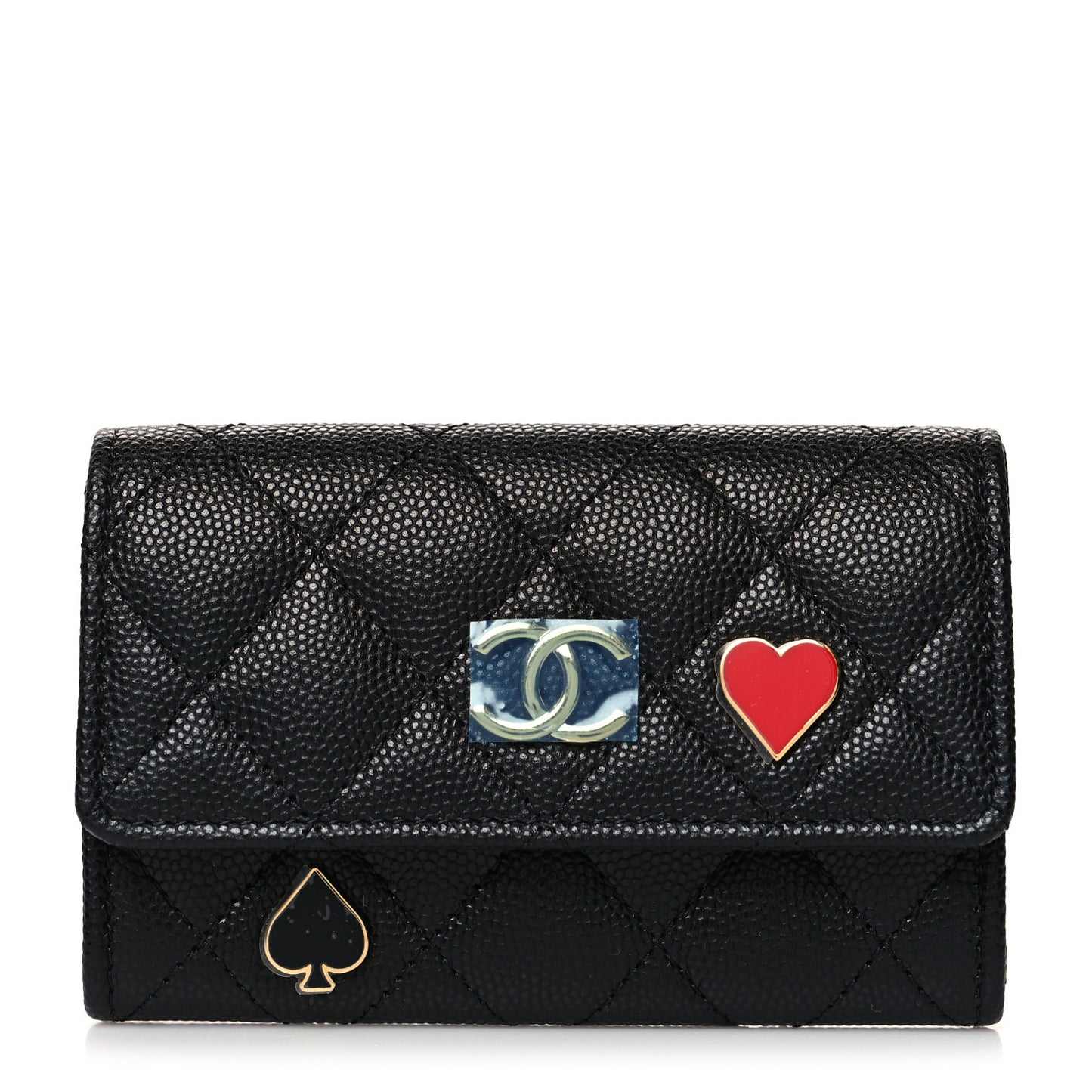 Caviar Quilted Enamel Coco Casino Flap Card Holder Wallet Black