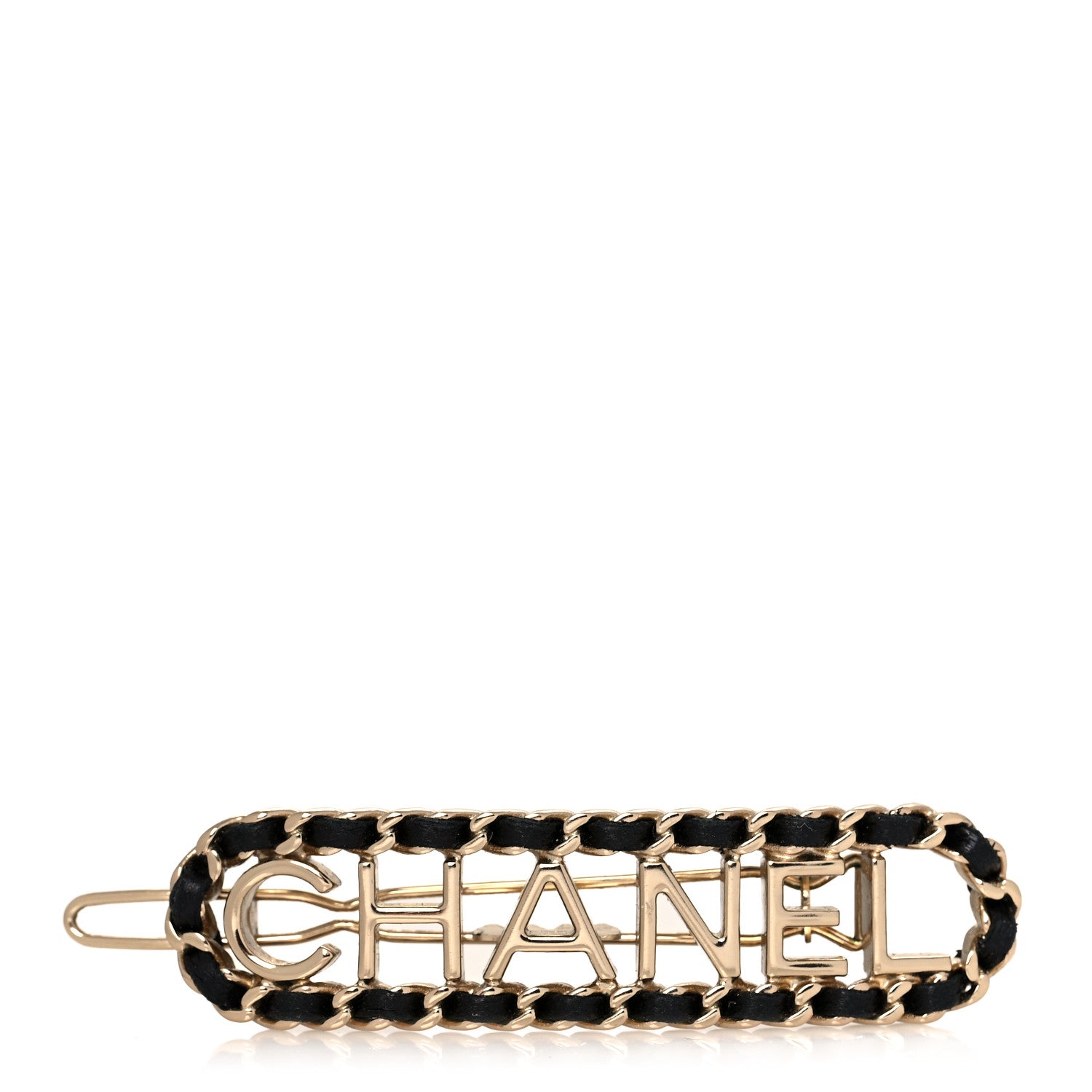 Chanel Metal Lambskin Vintage Allure Logo Hair Clip Black Gold 1 of 6