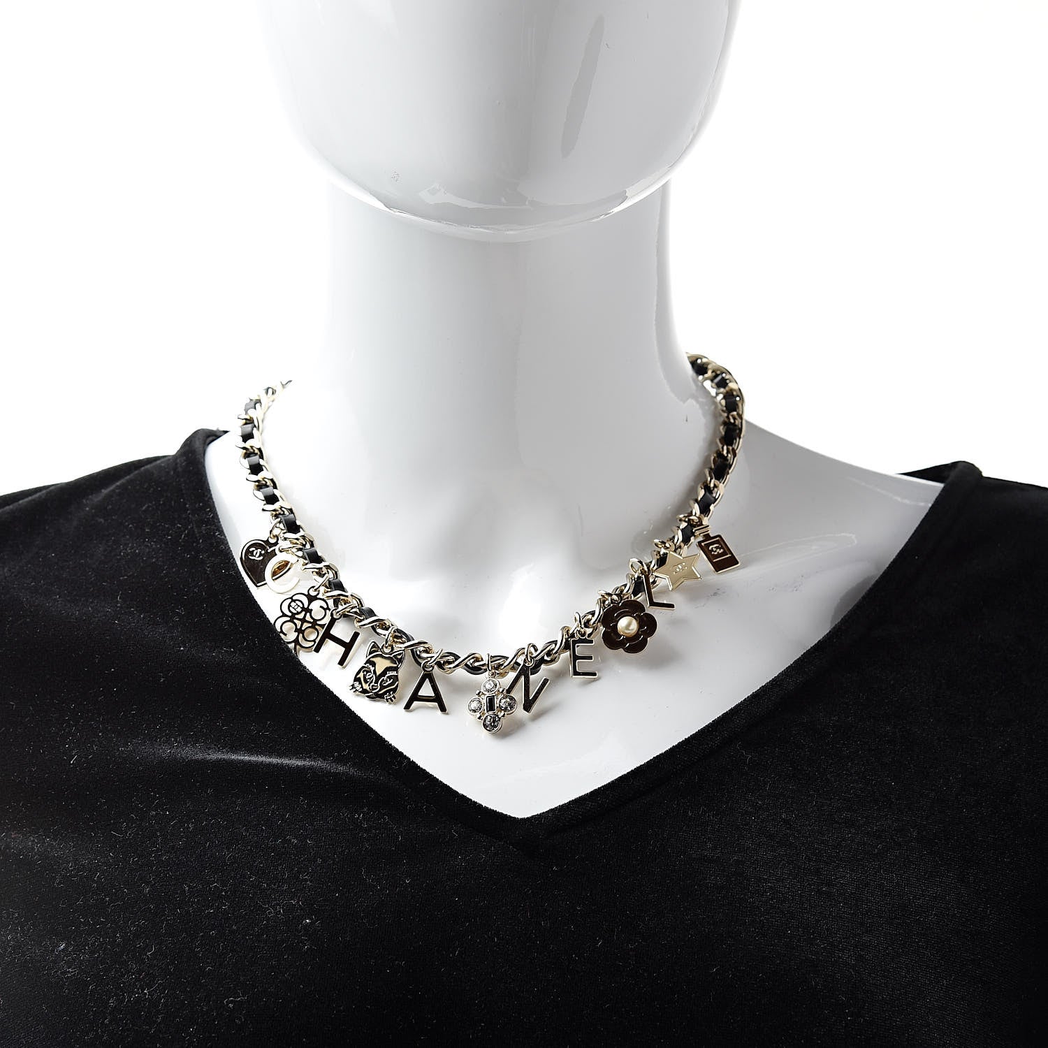 Chanel Lambskin Crystal CC Logo Charming Necklace Gold Black 2 of 5