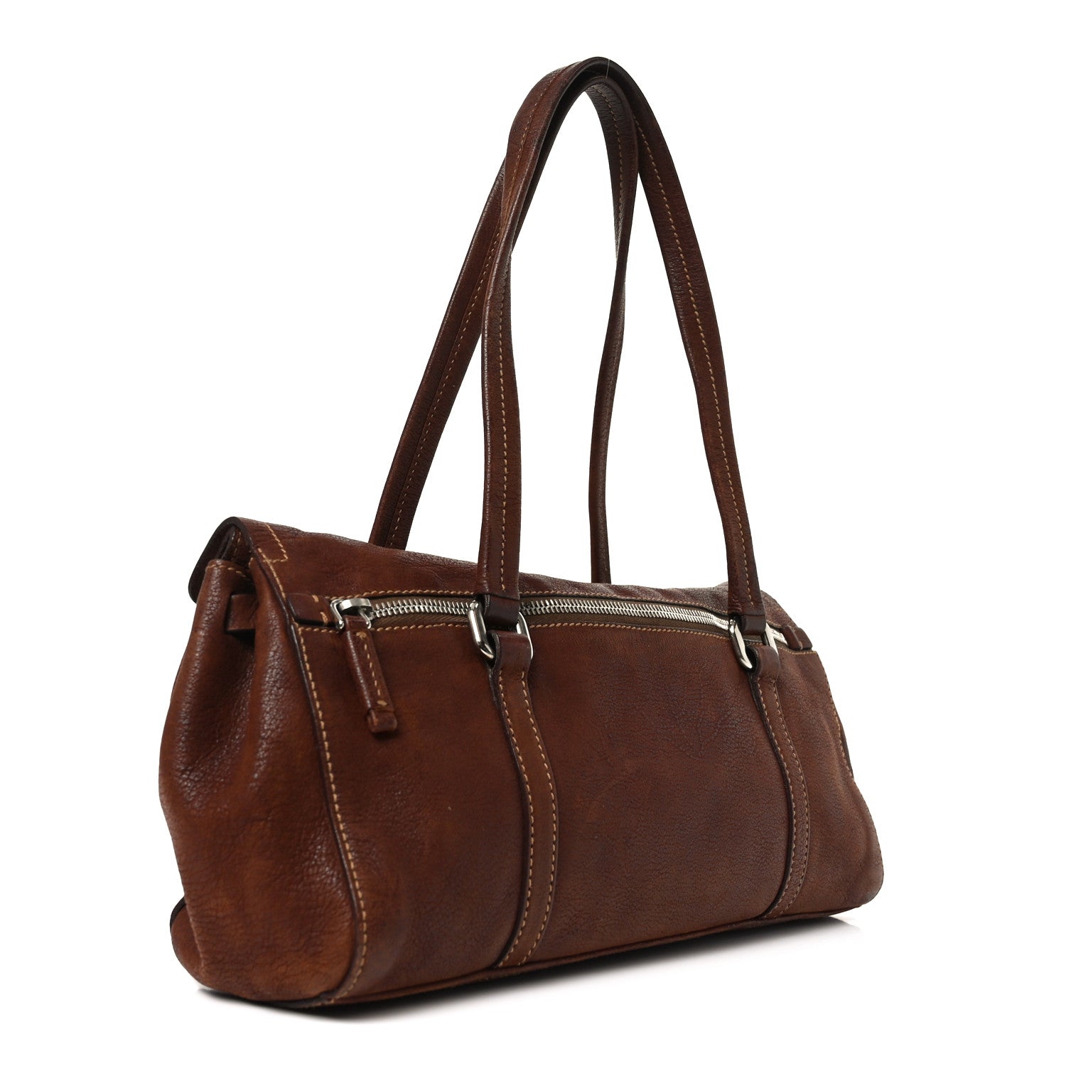 Prada Cervo Antik Easy Foldover Pushlock Satchel Teak 3 of 9