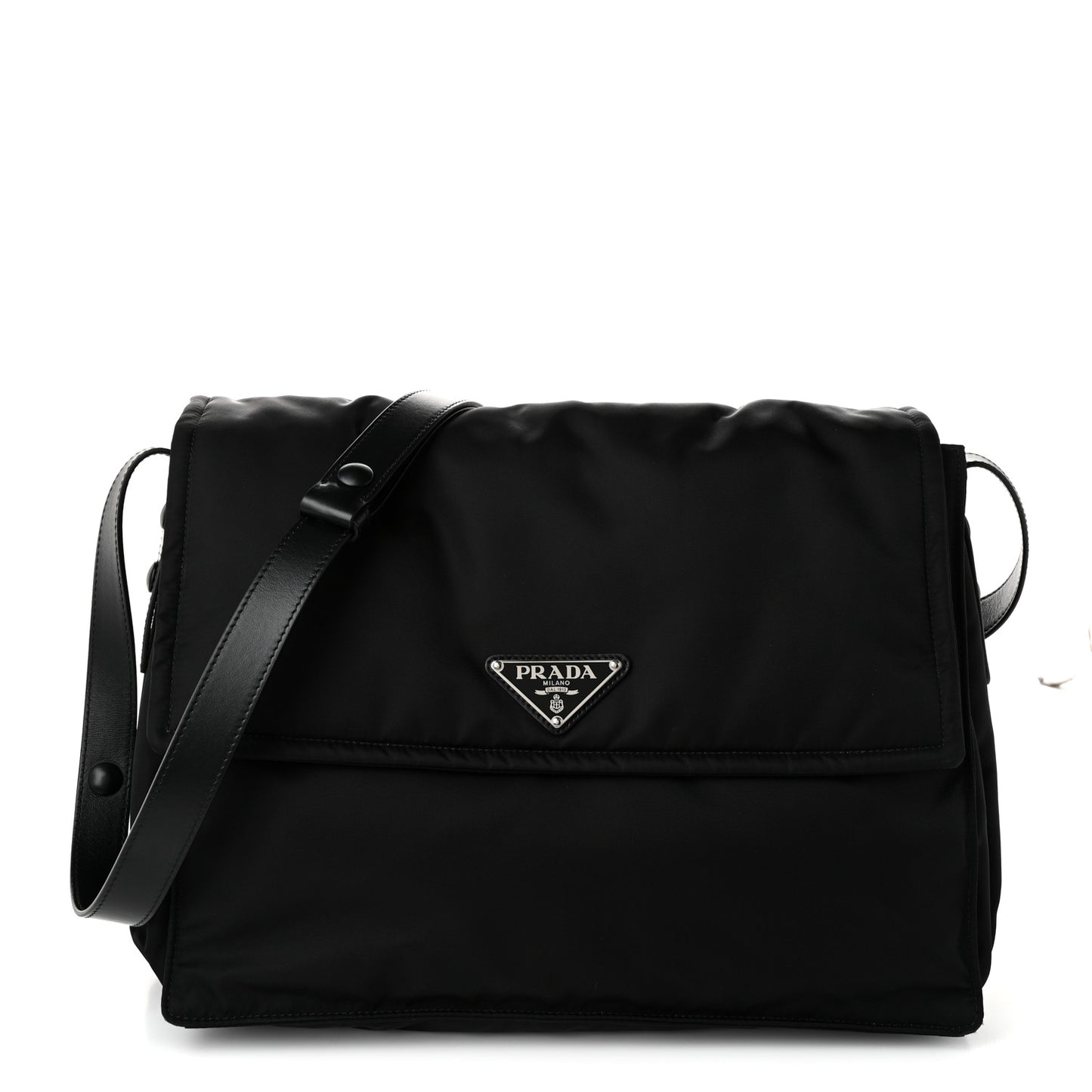 Re-Nylon Vitello Padded Large Flap Shoulder Bag Black