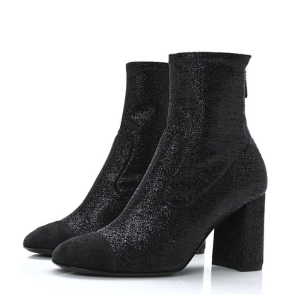 Chanel Fabric Suede Kidskin CC Cap Toe Short Boots 38.5 Black 3 of 6