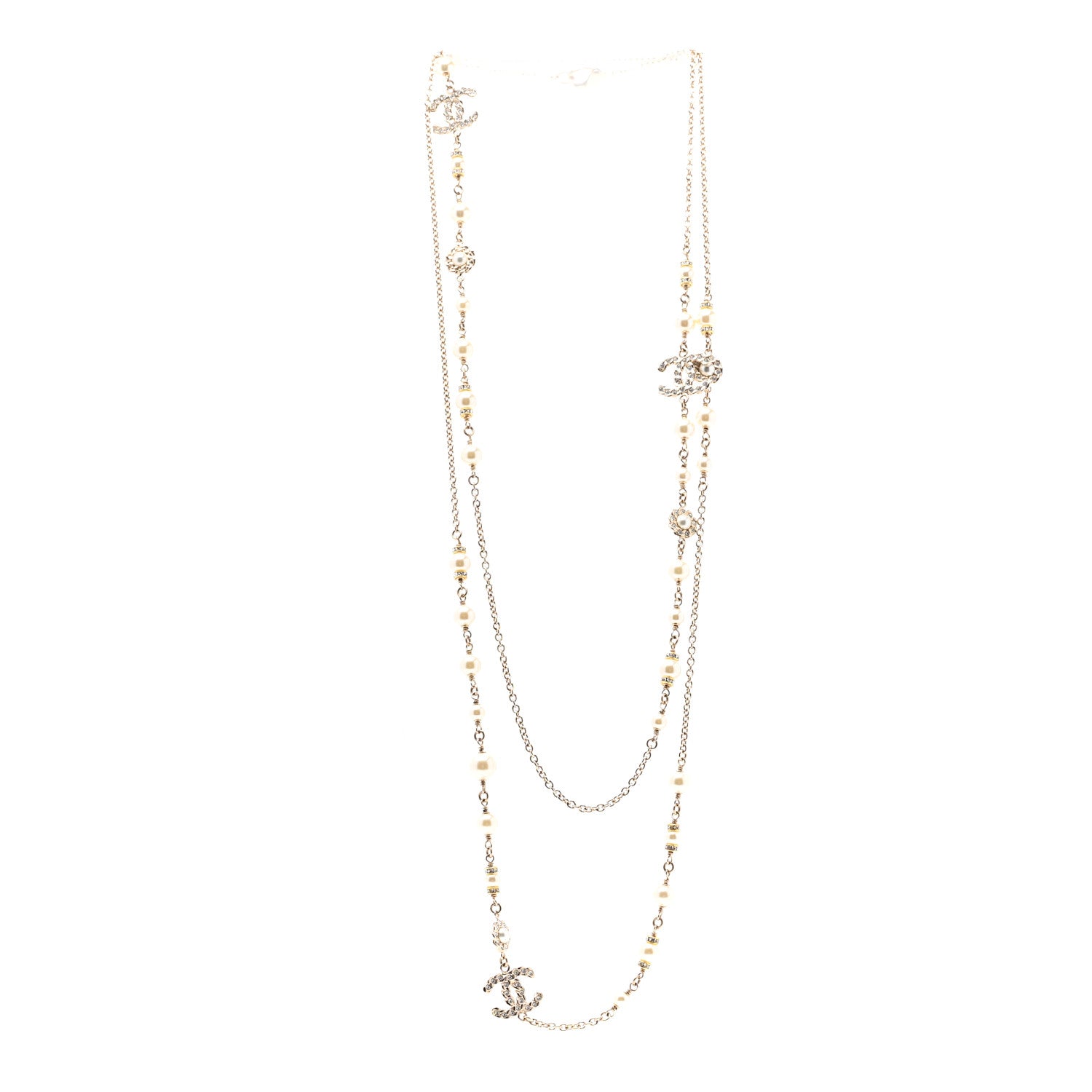 Chanel Crystal Pearl Pearls Coronation CC Long Necklace Gold 3 of 5