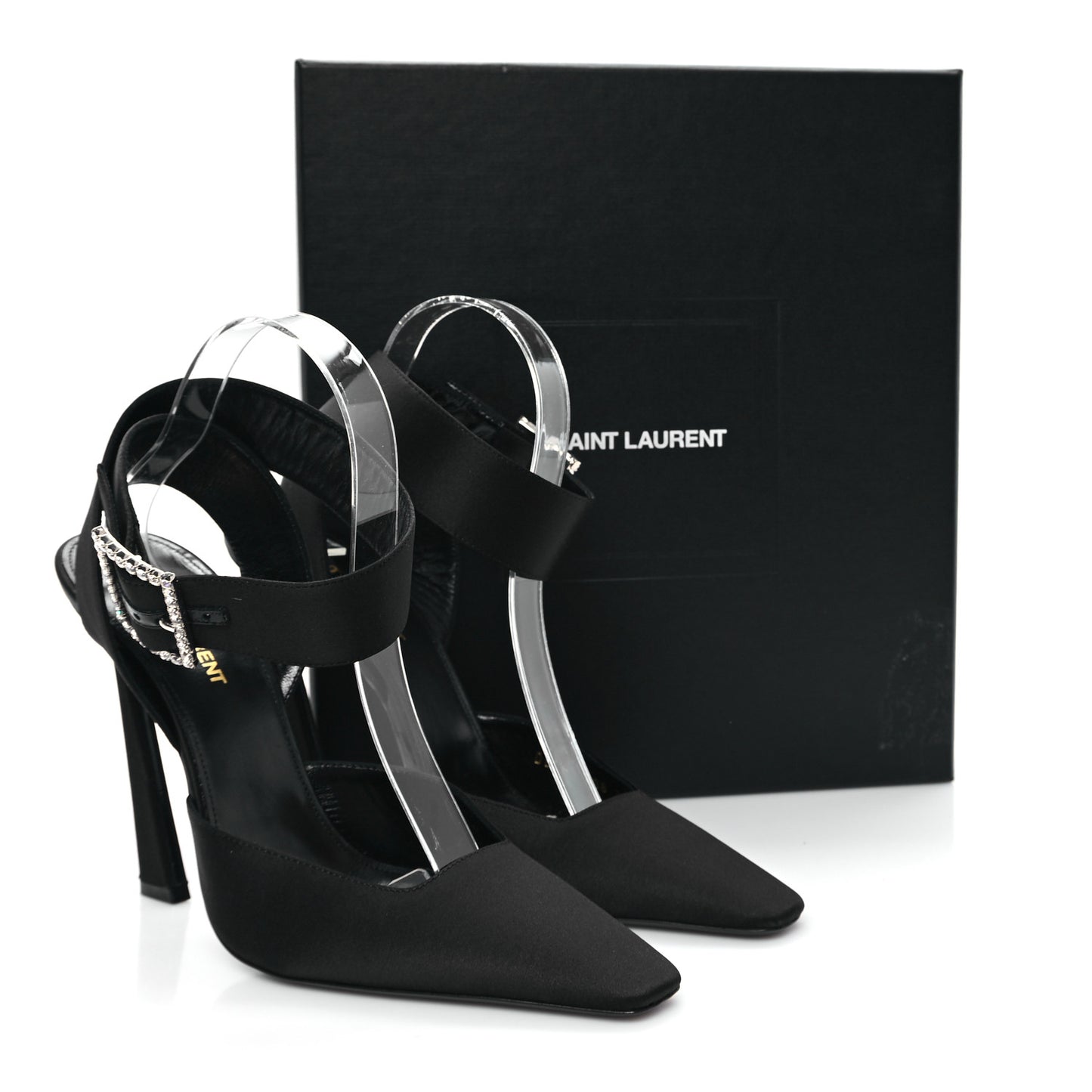 Crepe Satin Crystal Buckle Claude 110 Slingback Pumps 38 Black