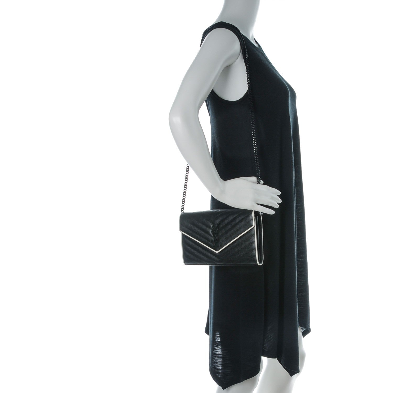 Saint Laurent Bi-Color Grain De Poudre Matelasse Chevron Monogram Chain Wallet Black White 2 of 8