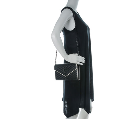 Saint Laurent Bi-Color Grain De Poudre Matelasse Chevron Monogram Chain Wallet Black White 2 of 8