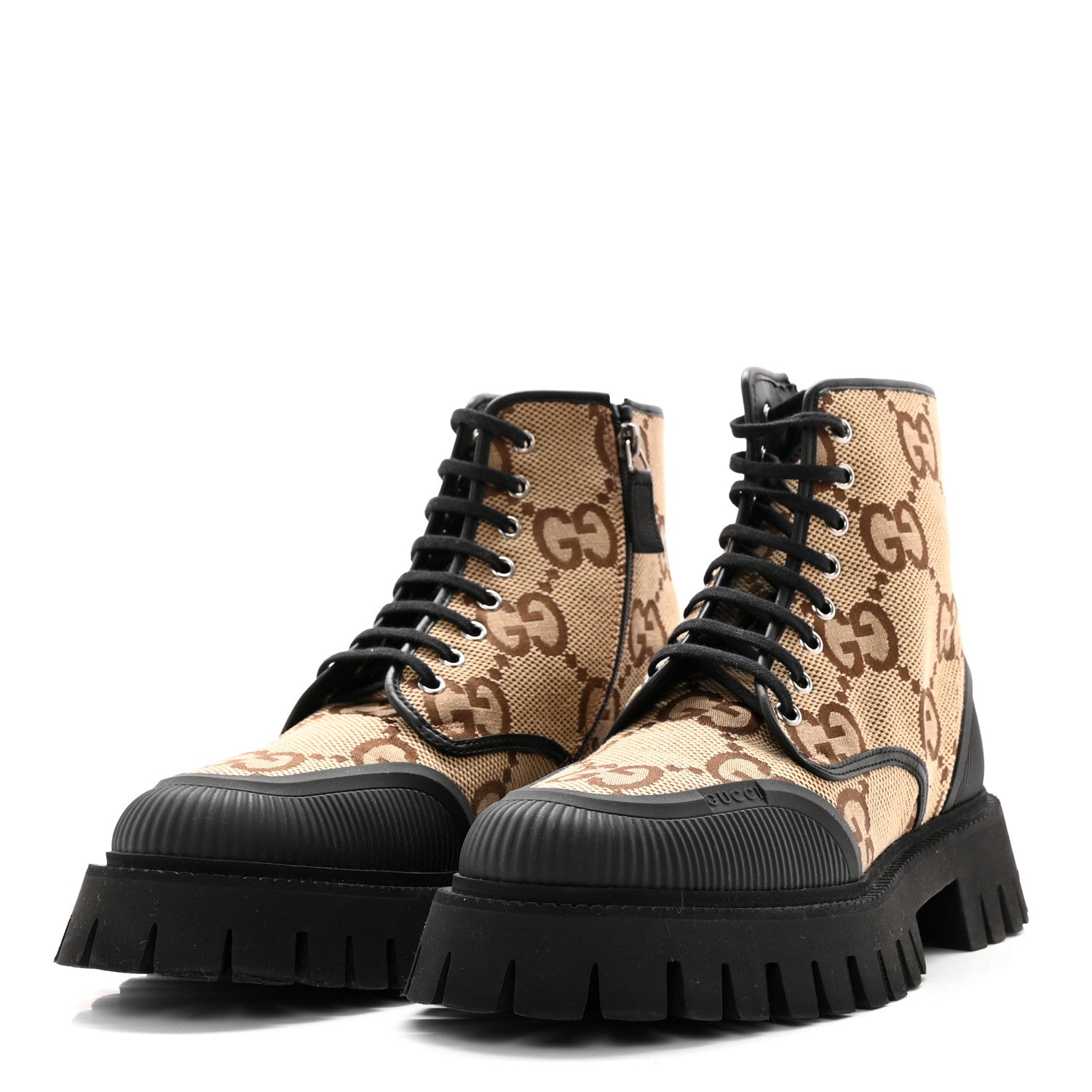 Gucci Monogram Jumbo GG Miro Soft Calfskin Mens Lace Up Combat Boots 8 Camel Ebony Black 3 of 12