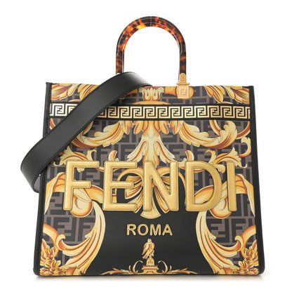 Fendi X VERSACE Calfskin Plexiglass Fendace FF Baroque Print Medium Fendi Sunshine Shopper Tote Black Gold 1 of 11