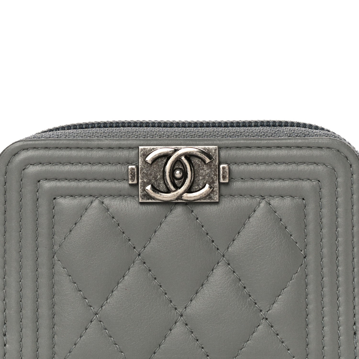 Chanel Lambskin Quilted Boy Zip Around Coin Purse Wallet Grey 8 of 14