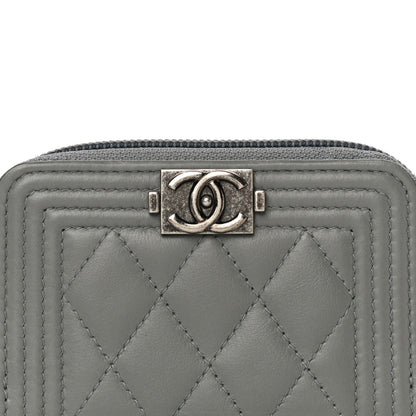 Chanel Lambskin Quilted Boy Zip Around Coin Purse Wallet Grey 8 of 14
