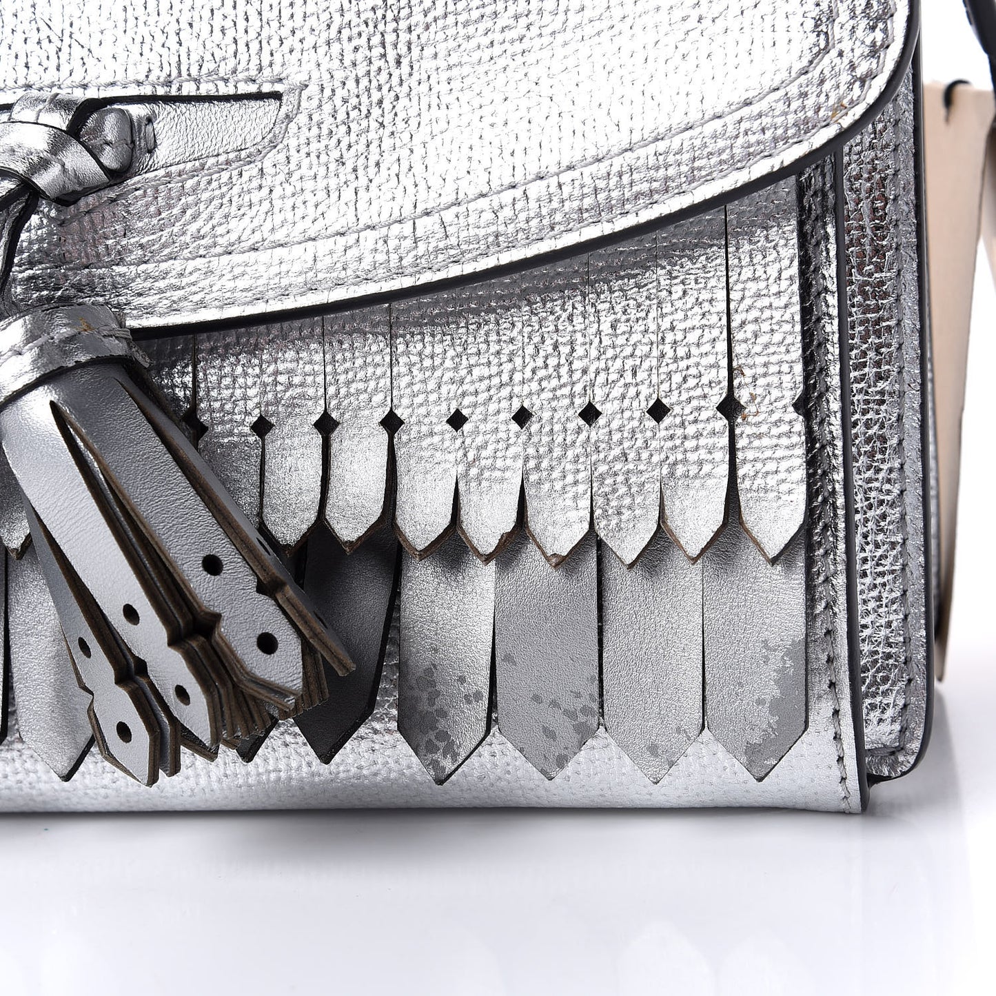Metallic Grainy Calfskin Broguing Tassel Small Macken Crossbody Bag Silver