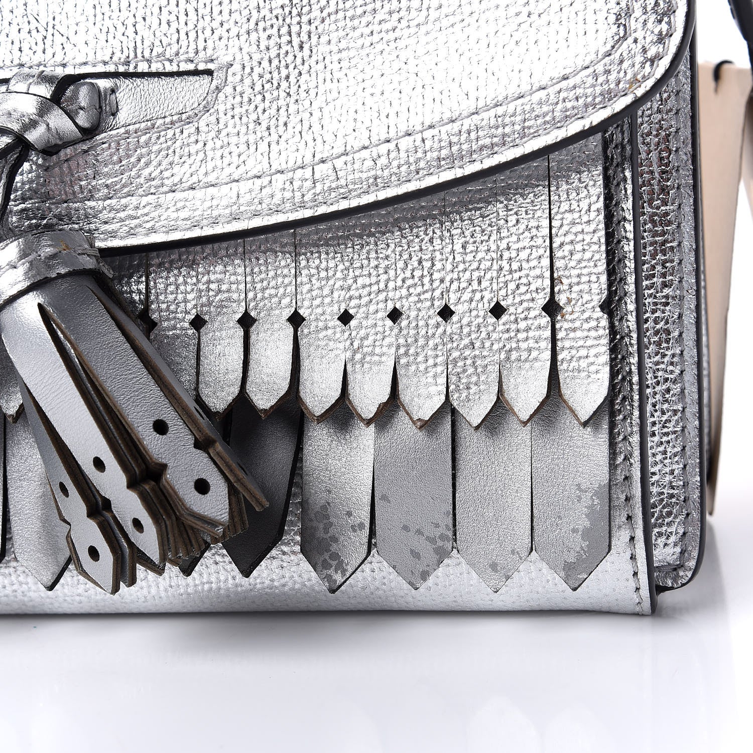 Burberry Metallic Grainy Calfskin Broguing Tassel Small Macken Crossbody Bag Silver 10 of 11