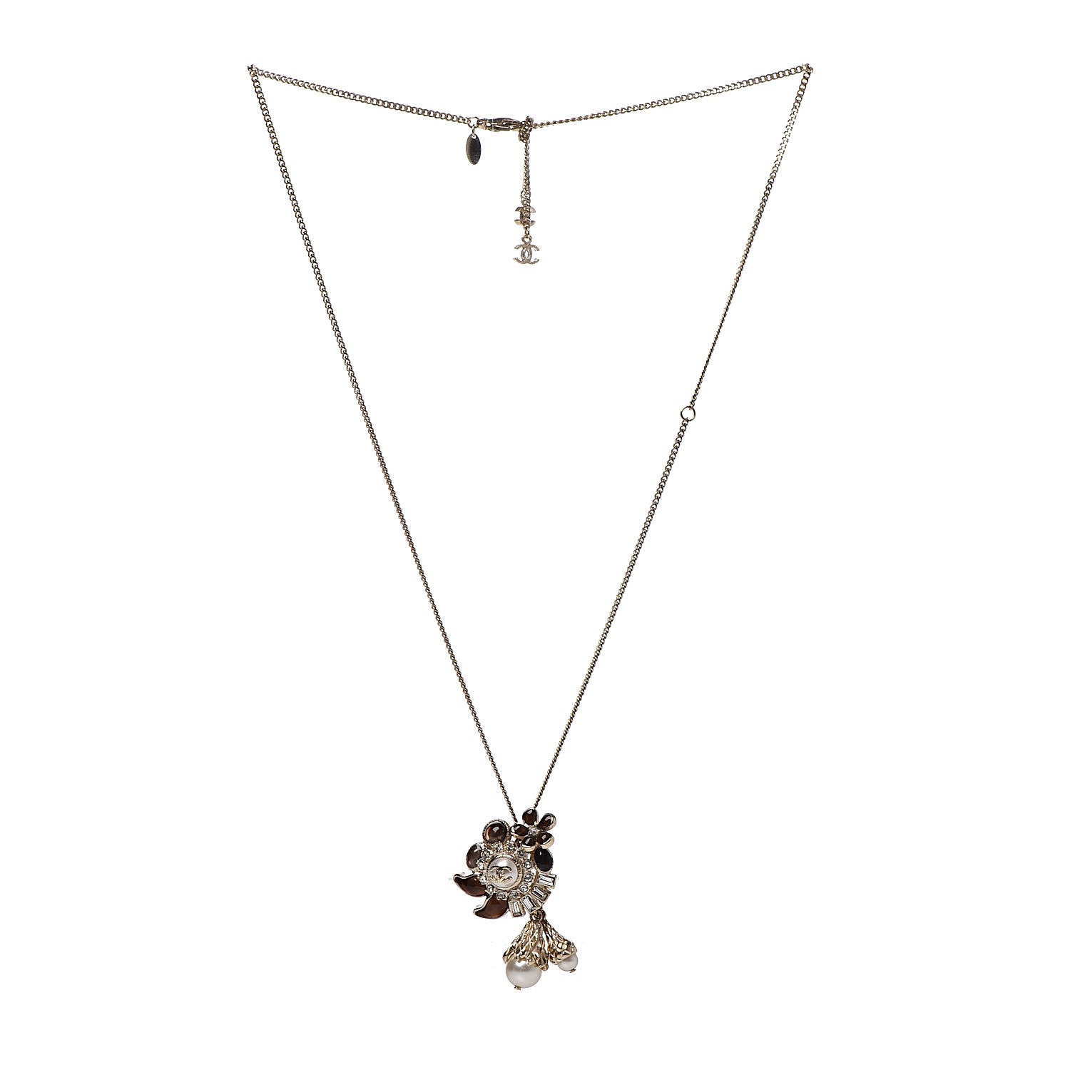 Chanel Gripoix Poured Glass Baguette Crystal Pearl CC Pendant Brown Light Gold 3 of 5