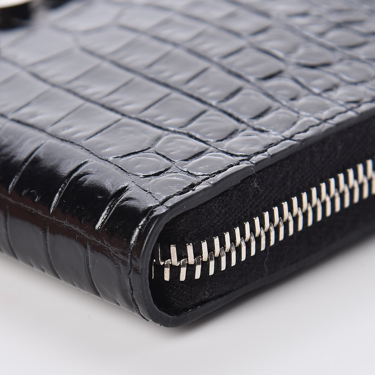 Calfskin Crocodile Embossed Monogram Zip Around Wallet Black