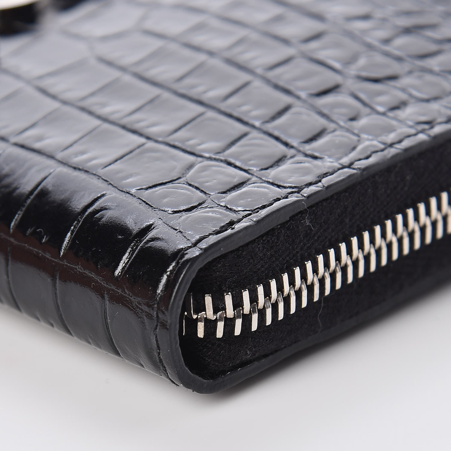 Saint Laurent Calfskin Crocodile Embossed Monogram Zip Around Wallet Black 10 of 11