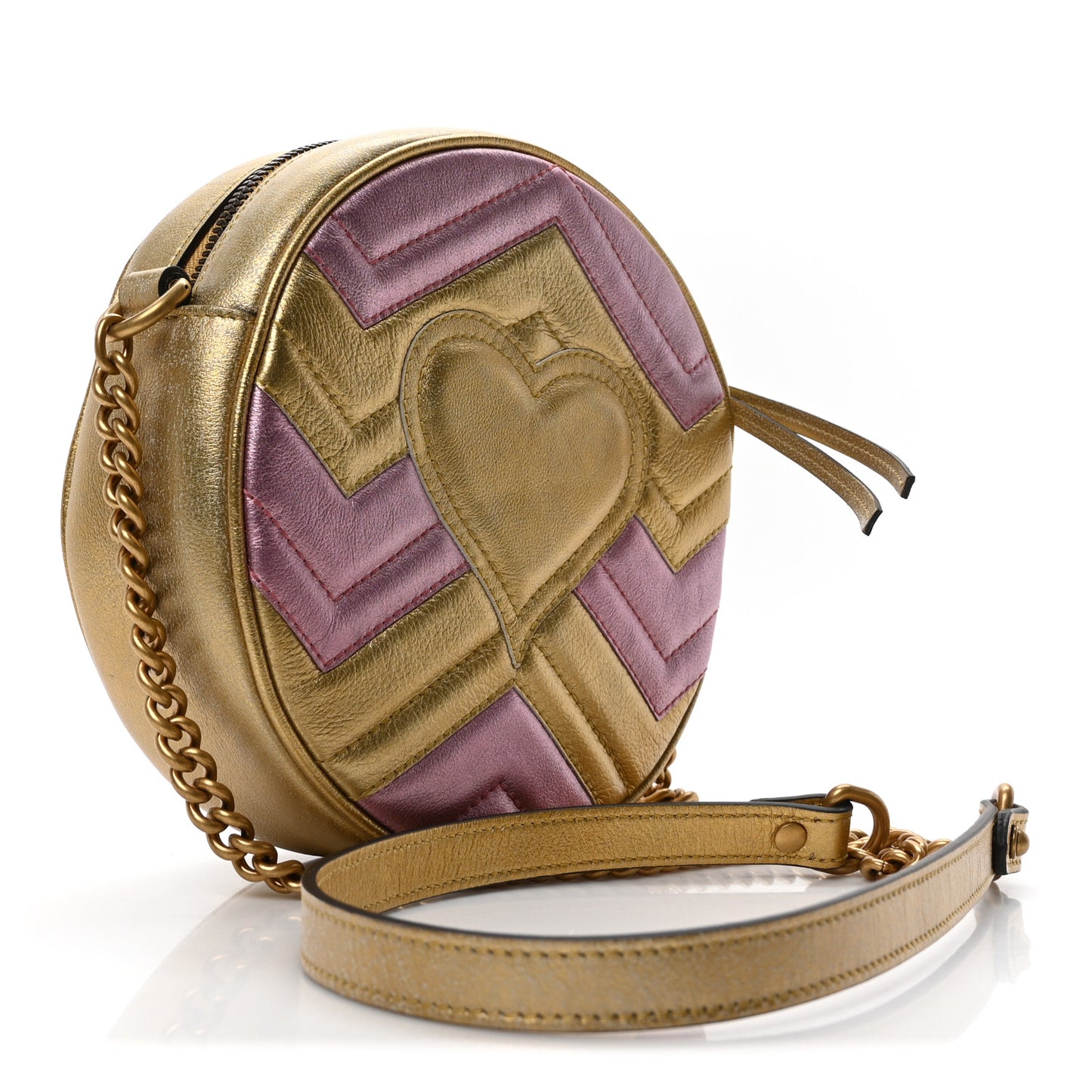 Metallic Nappa Matelasse Heart Mini GG Marmont Round Shoulder Bag Oro Vecchio Rosa