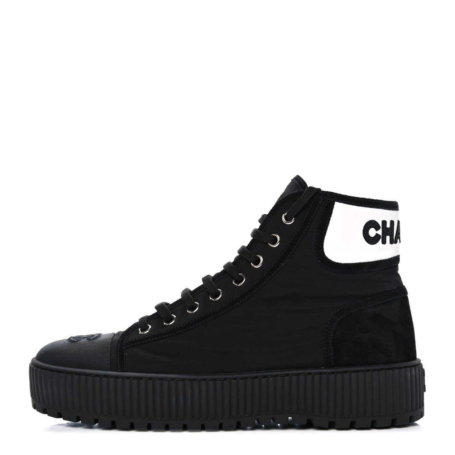 Chanel Fabric Suede Kidskin Grosgrain Lace Up Cap Toe Sneakers 38.5 Black White 1 of 9
