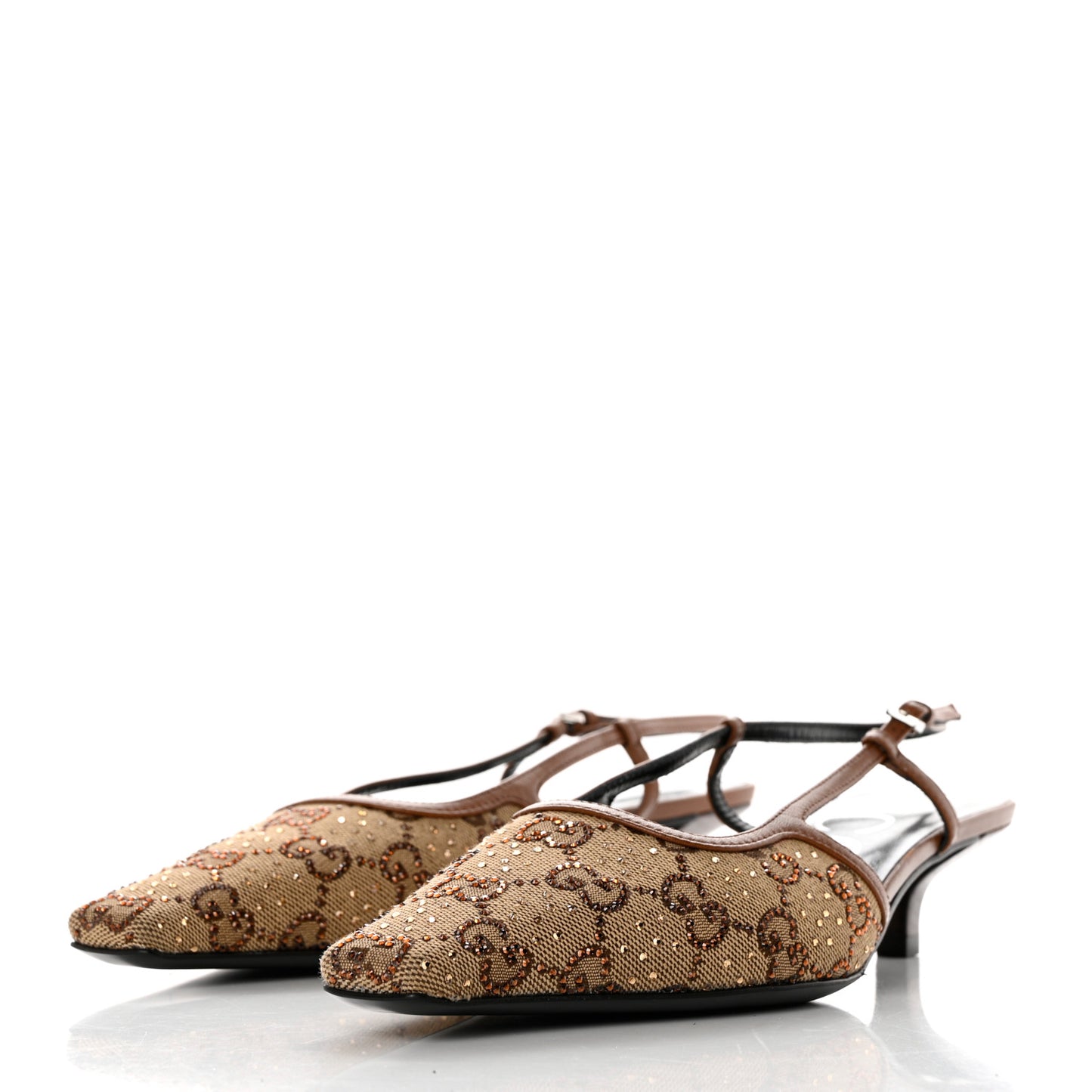 GG Monogram Malaga Kid Crystal Square G 35mm Slingback Pumps 37 Camel Ebony Cuir