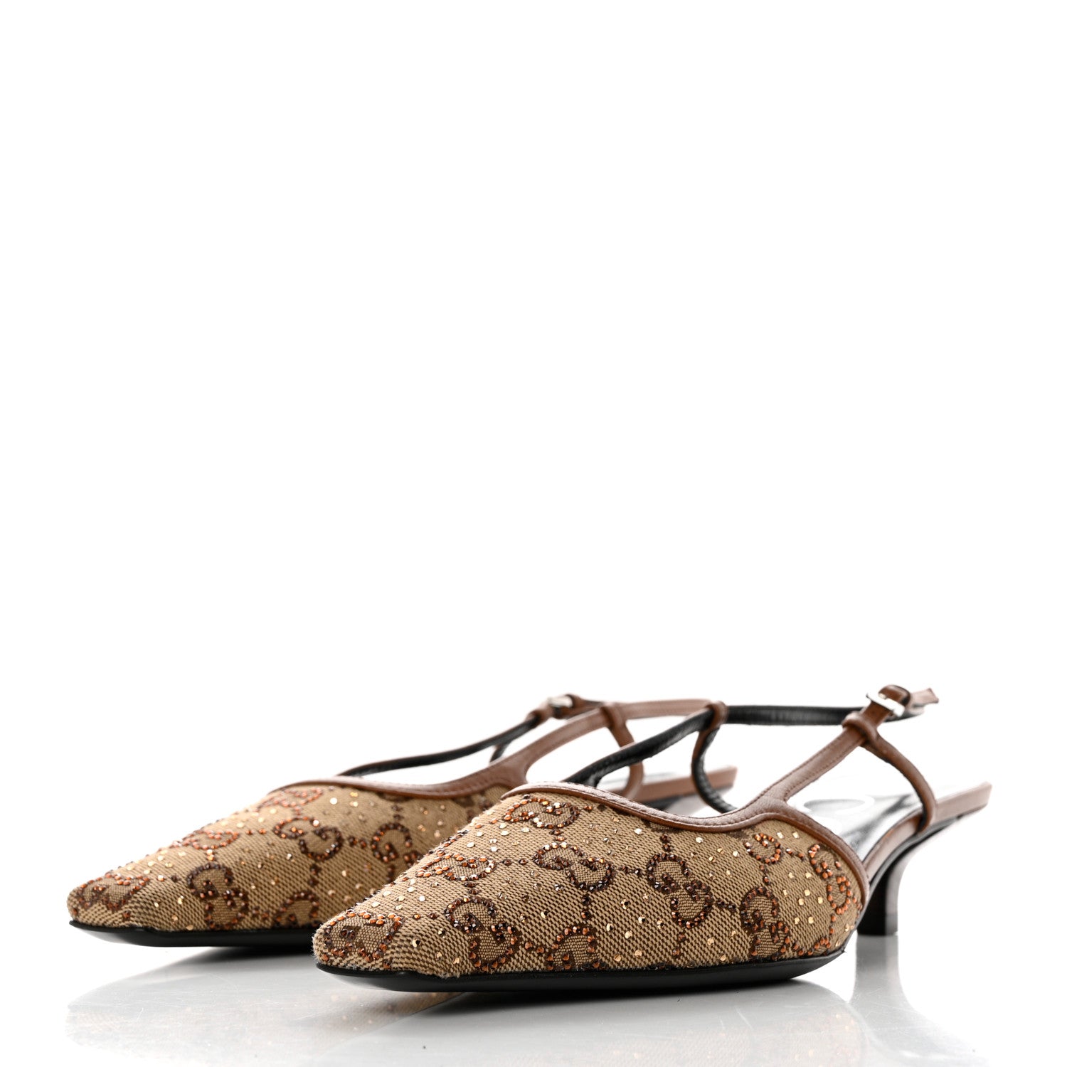 Gucci GG Monogram Malaga Kid Crystal Square G 35mm Slingback Pumps 37 Camel Ebony Cuir 3 of 9