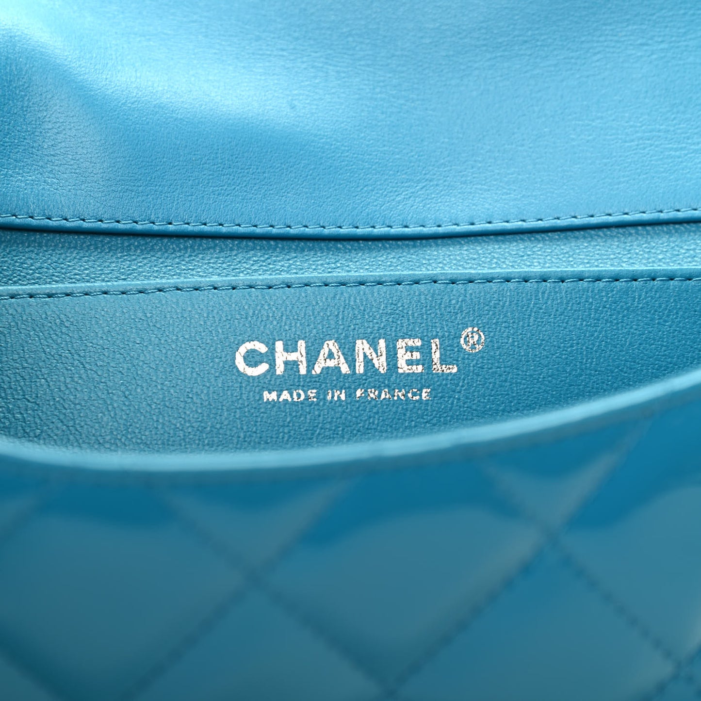 Patent Quilted Clutch with Chain Flap Blue