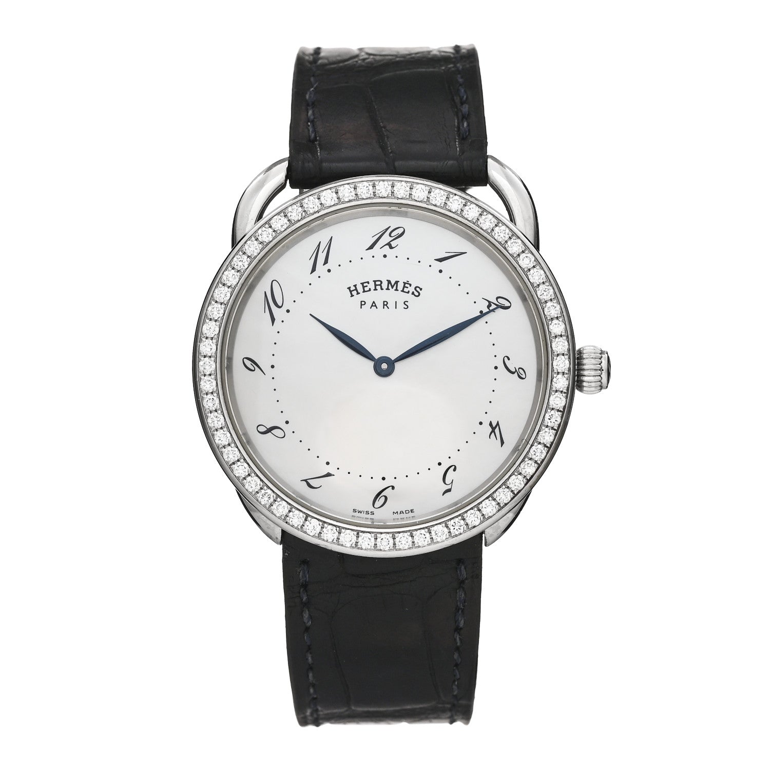 Hermes Stainless Steel Alligator Diamond Bezel Mother of Pearl 38mm Arceau Quartz Watch Noir 1 of 5
