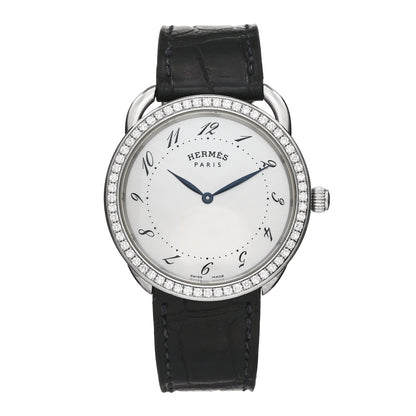 Hermes Stainless Steel Alligator Diamond Bezel Mother of Pearl 38mm Arceau Quartz Watch Noir 1 of 5