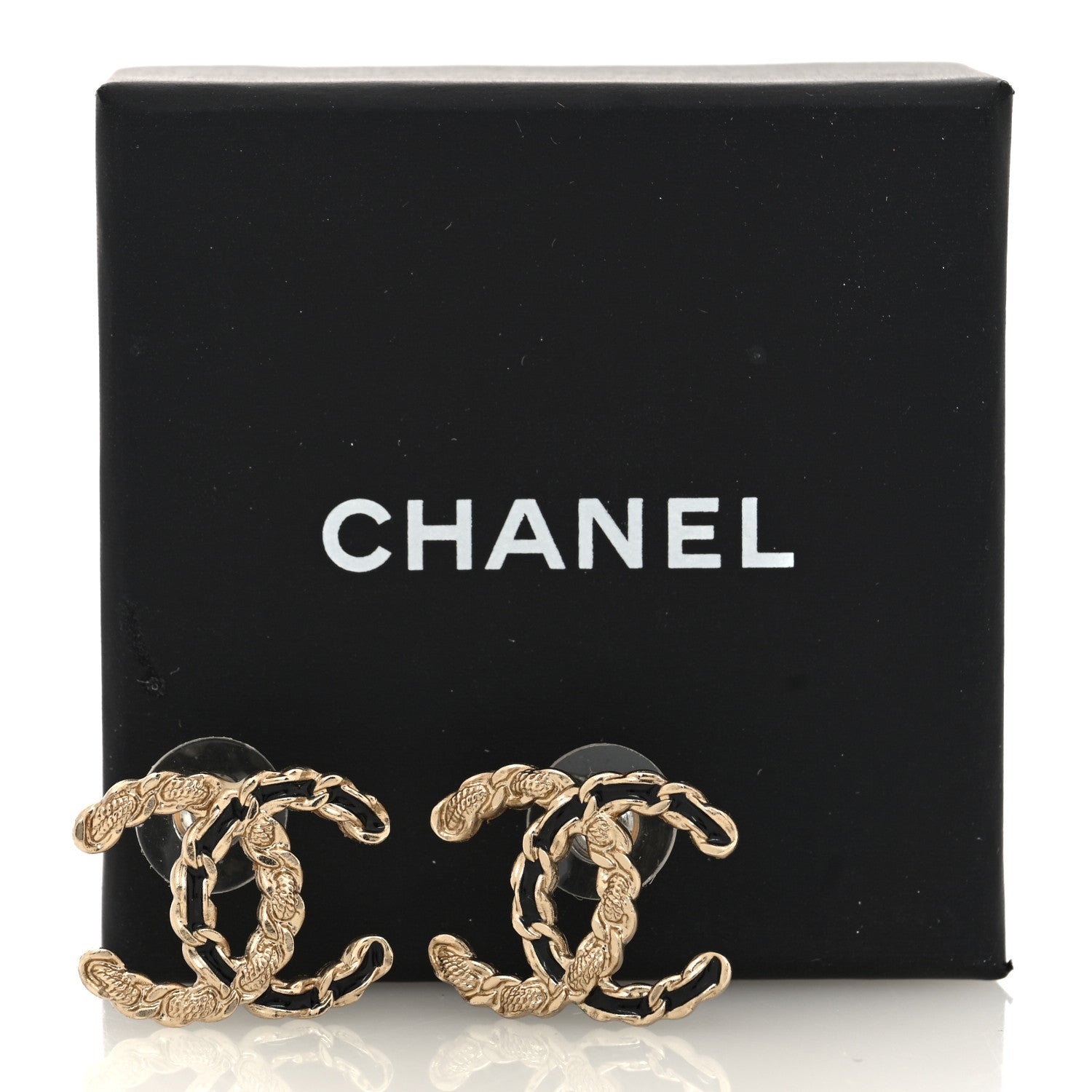 Chanel Enamel Metal Chain French New Wave CC Earrings Black Gold 5 of 5
