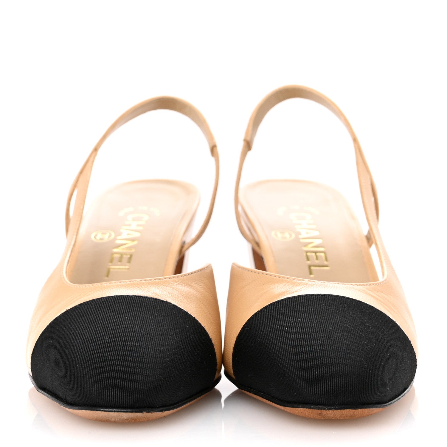 Chanel Goatskin Grosgrain Cap Toe CC Slingback Pumps 36 Beige Black 3 of 13