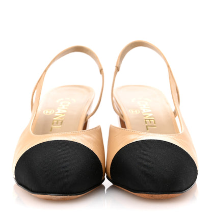 Chanel Goatskin Grosgrain Cap Toe CC Slingback Pumps 36 Beige Black 3 of 13