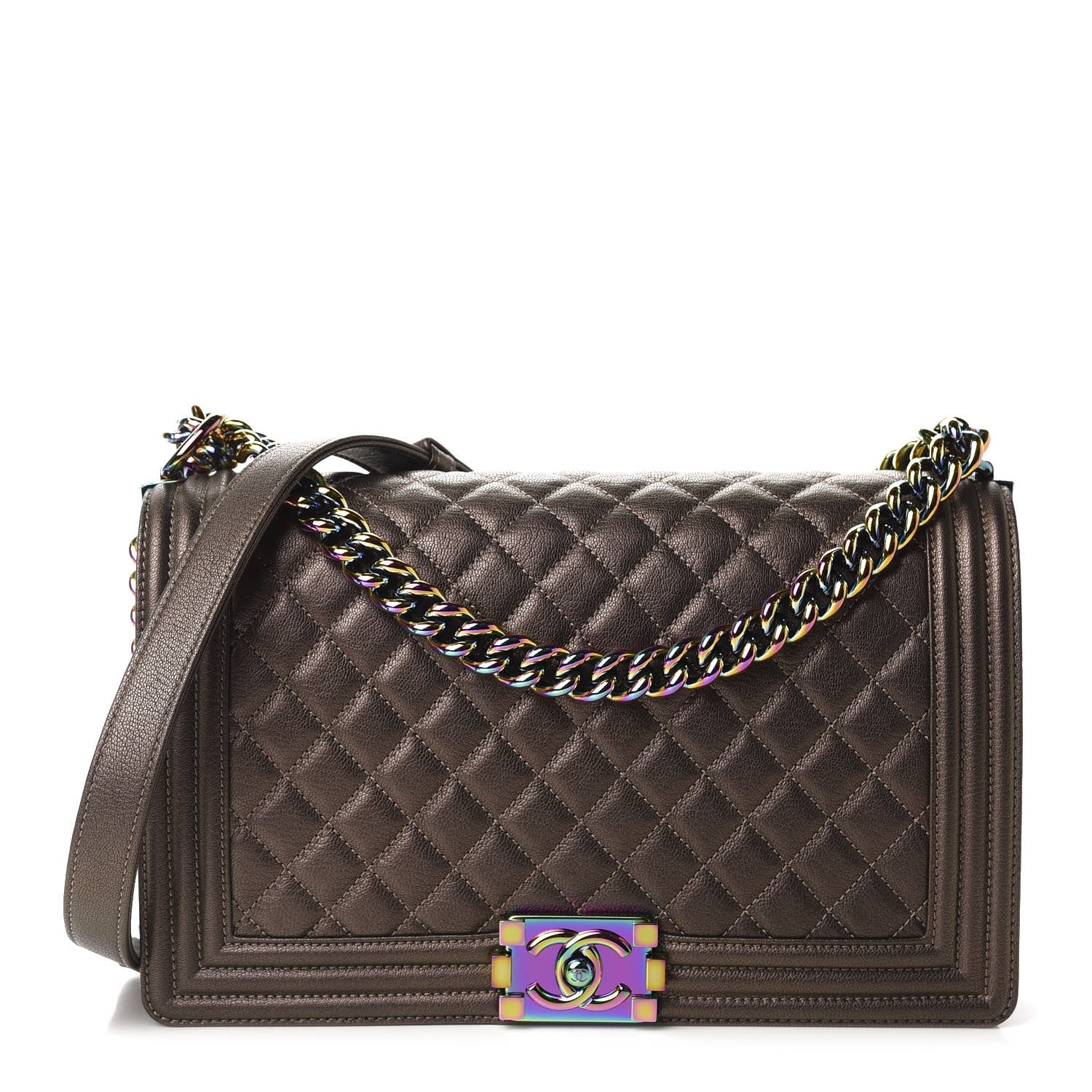 Chanel Iridescent Goatskin Quilted New Medium Boy Flap Dark Gold 1 of 10