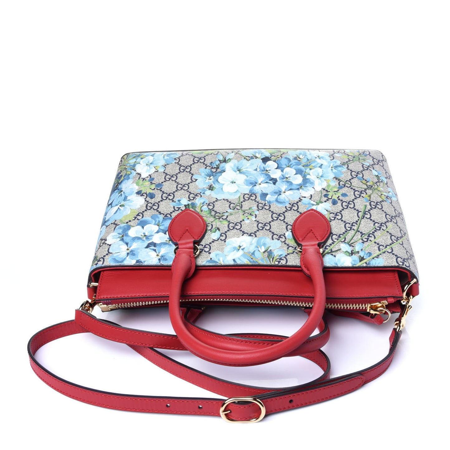 GG Supreme Monogram Blooms Medium Zip Top Tote Beige Blue Navy Hibiscus Red