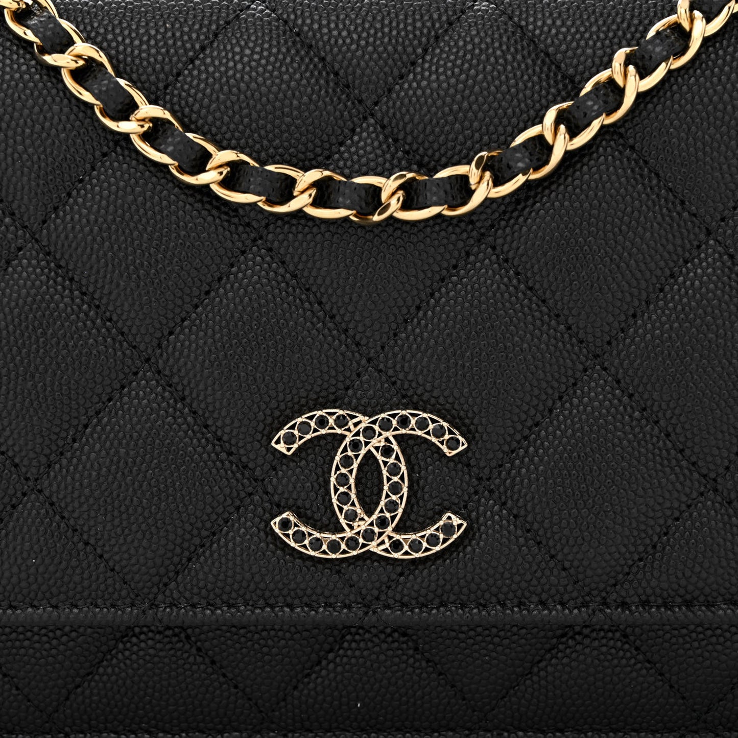 Caviar Quilted Crystal CC Wallet On Chain WOC Black