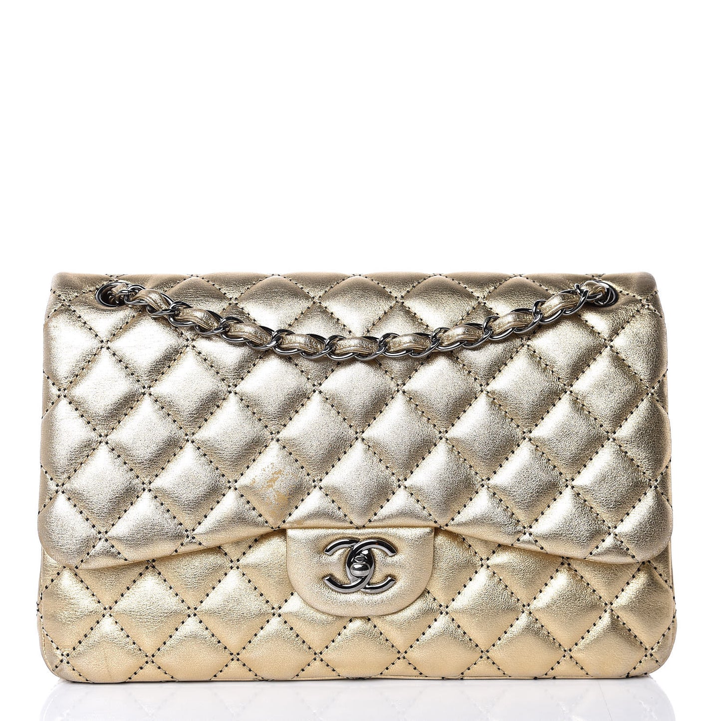 Metallic Washed Lambskin Quilted Jumbo Double Flap Dark Gold Black