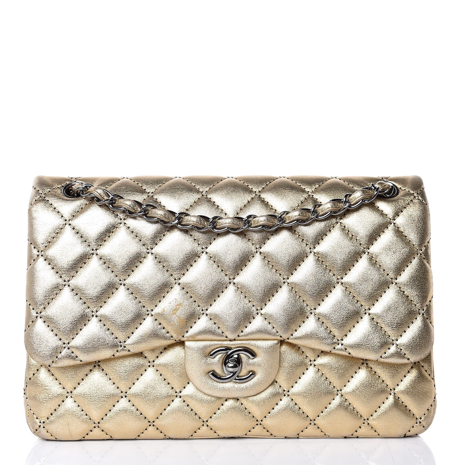 Chanel Metallic Washed Lambskin Quilted Jumbo Double Flap Dark Gold Black 1 of 12