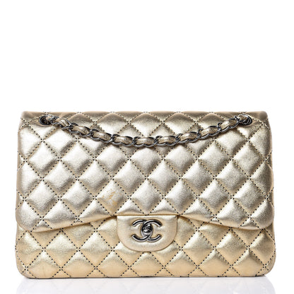 Chanel Metallic Washed Lambskin Quilted Jumbo Double Flap Dark Gold Black 1 of 12