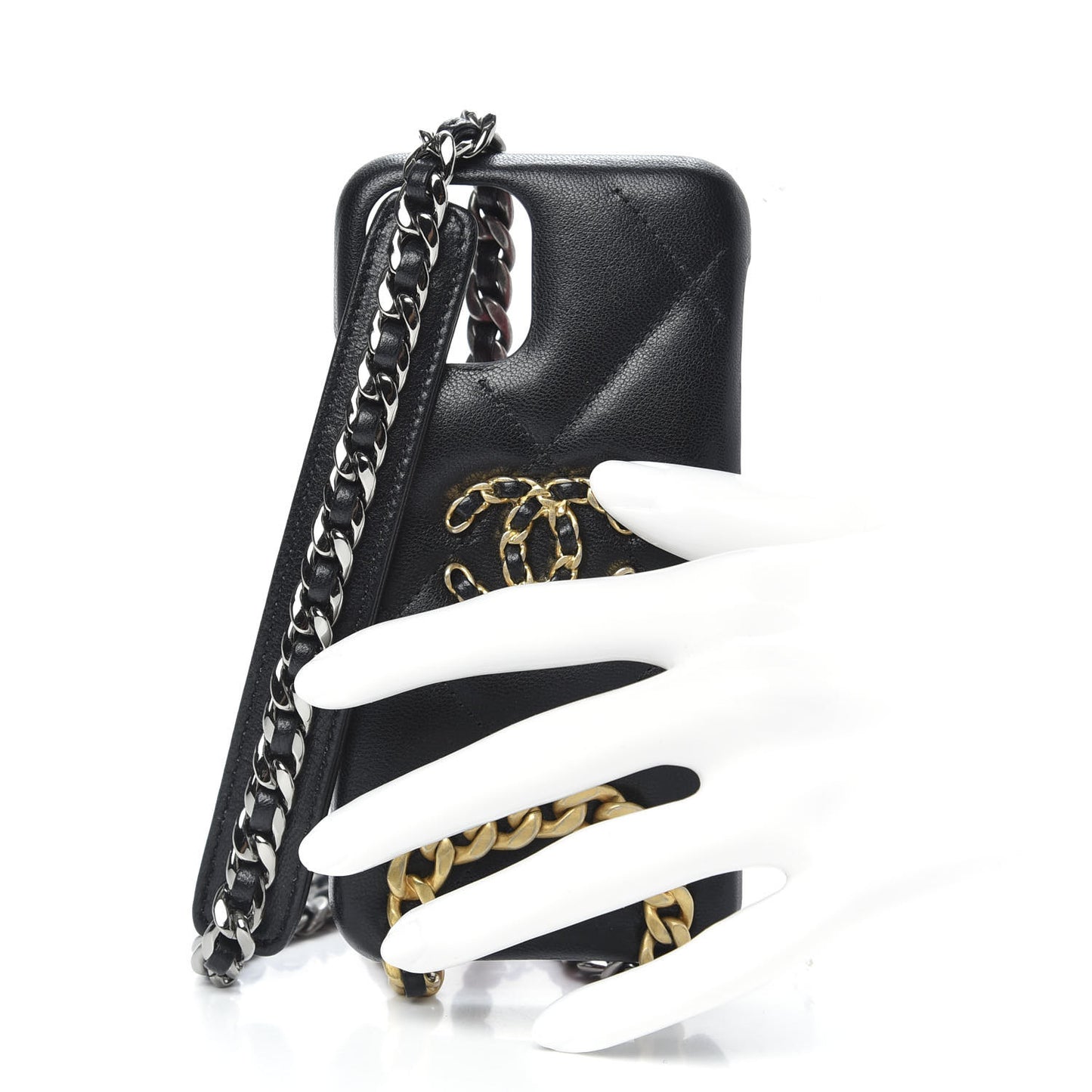 Shiny Goatskin Quilted 19 iPhone XI Pro Holder With Chain Black