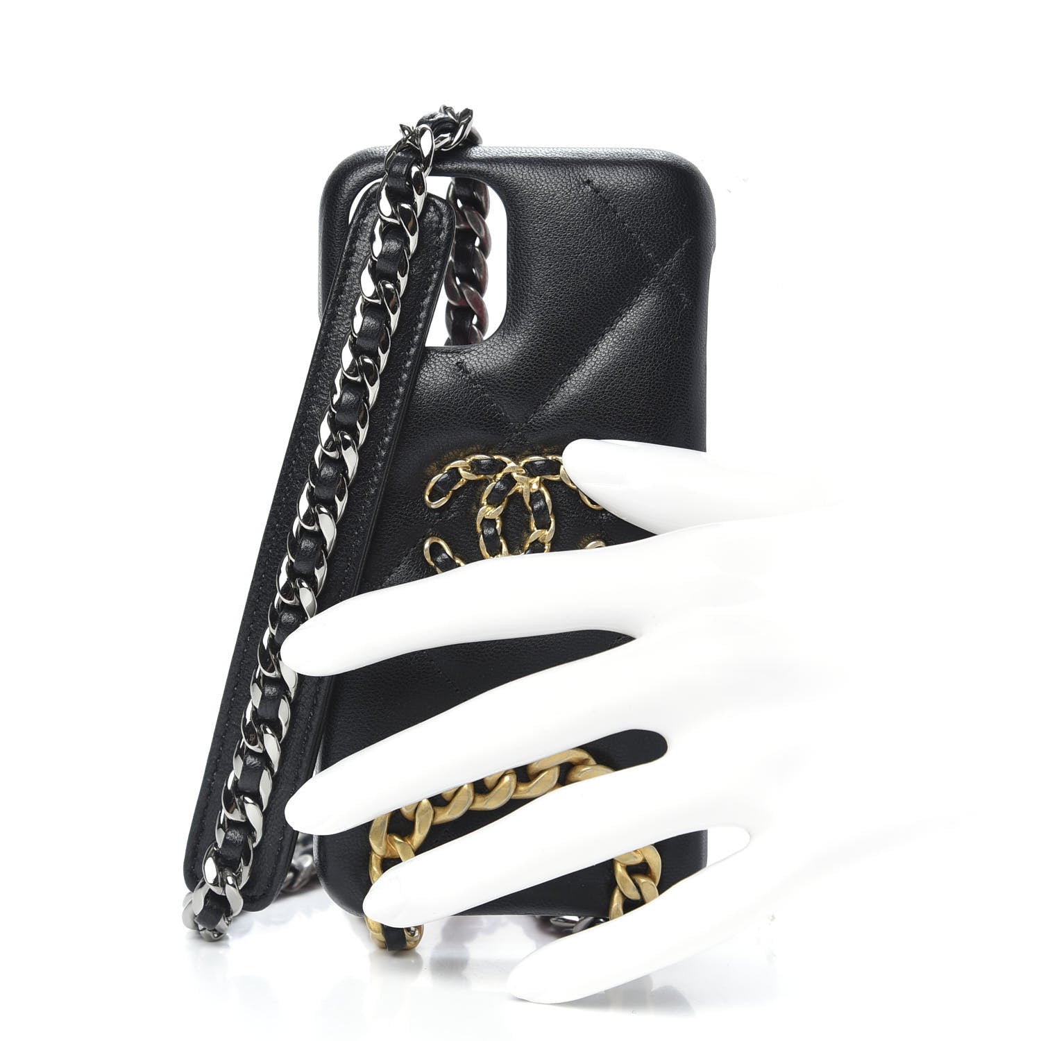 Chanel Shiny Goatskin Quilted 19 iPhone XI Pro Holder With Chain Black 2 of 7