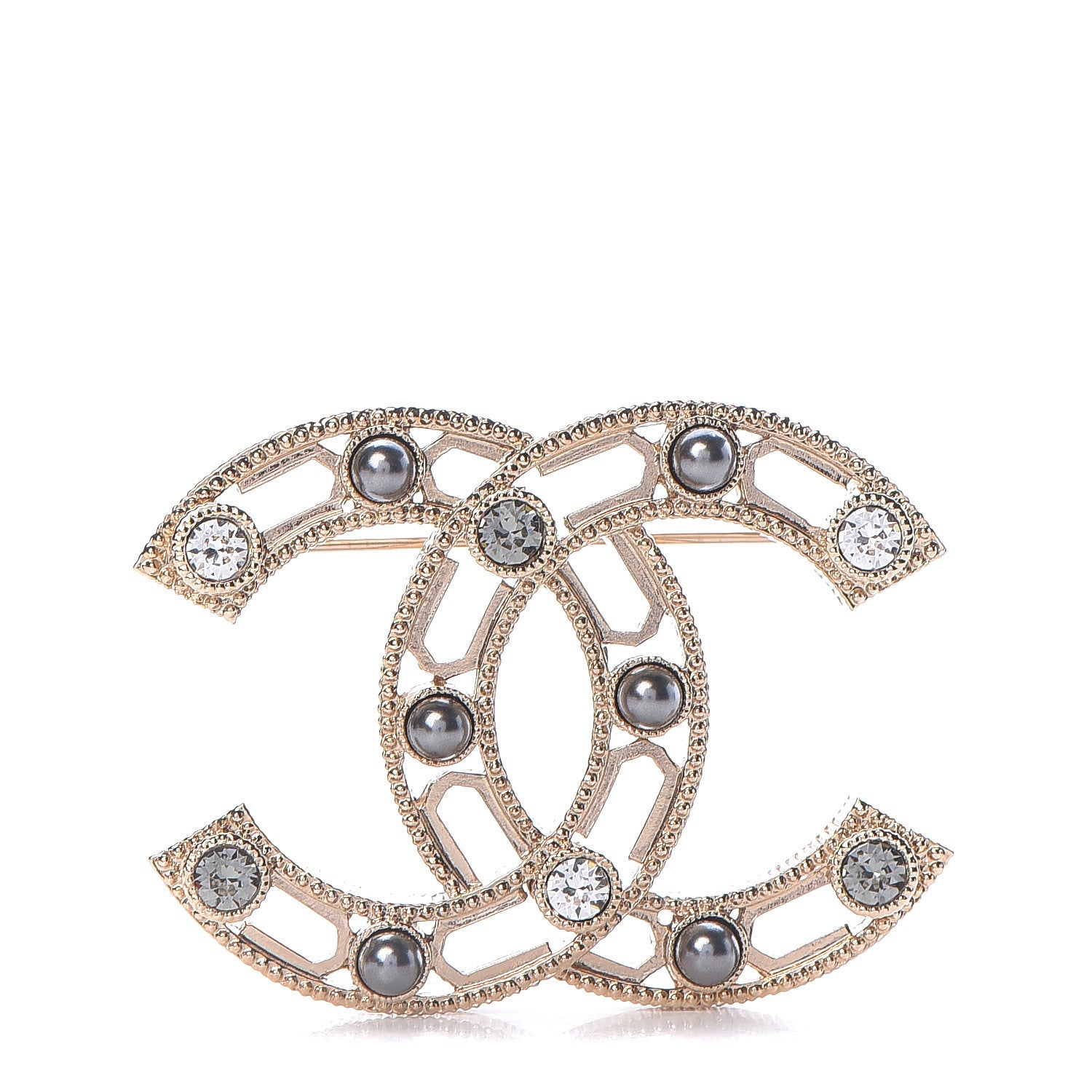 Chanel Pearl Crystal CC Brooch Gold Grey 1 of 5