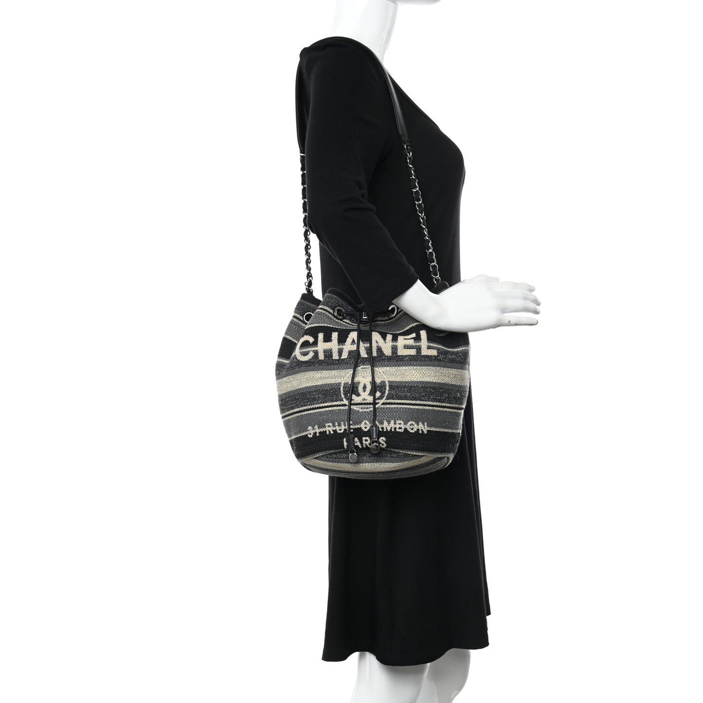 Striped Canvas Deauville Drawstring Bag Grey Black